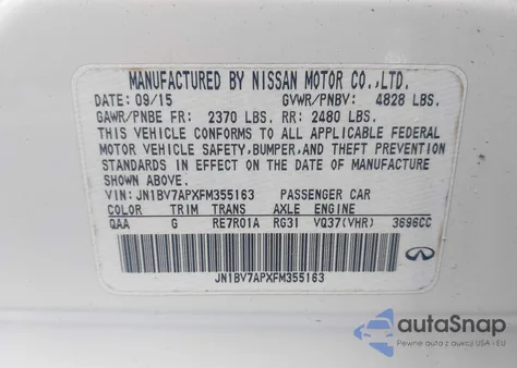 2015 Infiniti Q50 Premium z USA, uszkodzony, nr VIN JN1BV7APXFM355163